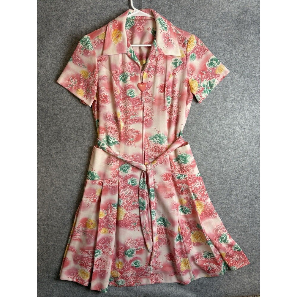 Vintage 1960s Pink Floral Shirtwaist Dress Medium Belted Cottagecore Rockabilly